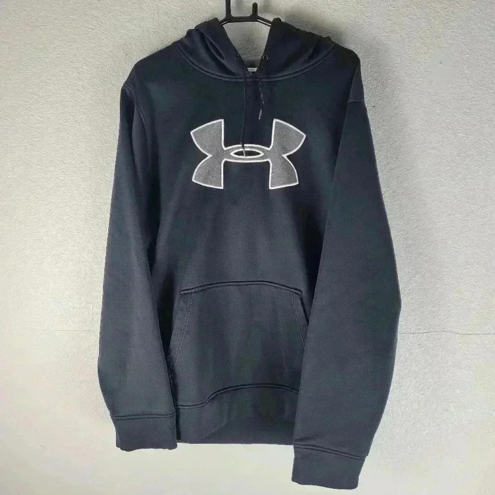 Under Armour Hoodie Mens XL Black Gre Sweatshirt Pullover Big Logo Pocket Sports